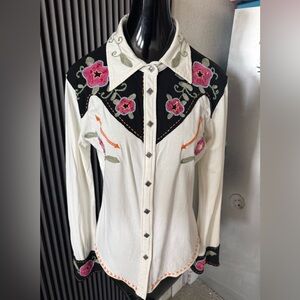 Double D Ranch Western Pearl Snap Shirt Floral Sequin Embroidered Black White M